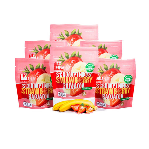 It's Nola Scrumptious Strawberry Banana's Six Pack Bundle is being displayed in a pyramid shape with two bananas and a few sliced strawberries under the center of the pyramid. The products are placed against a white background.